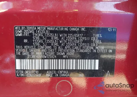 2011 Toyota Rav4 из США, поврежденный, VIN 2T3BF4DV8BW175924